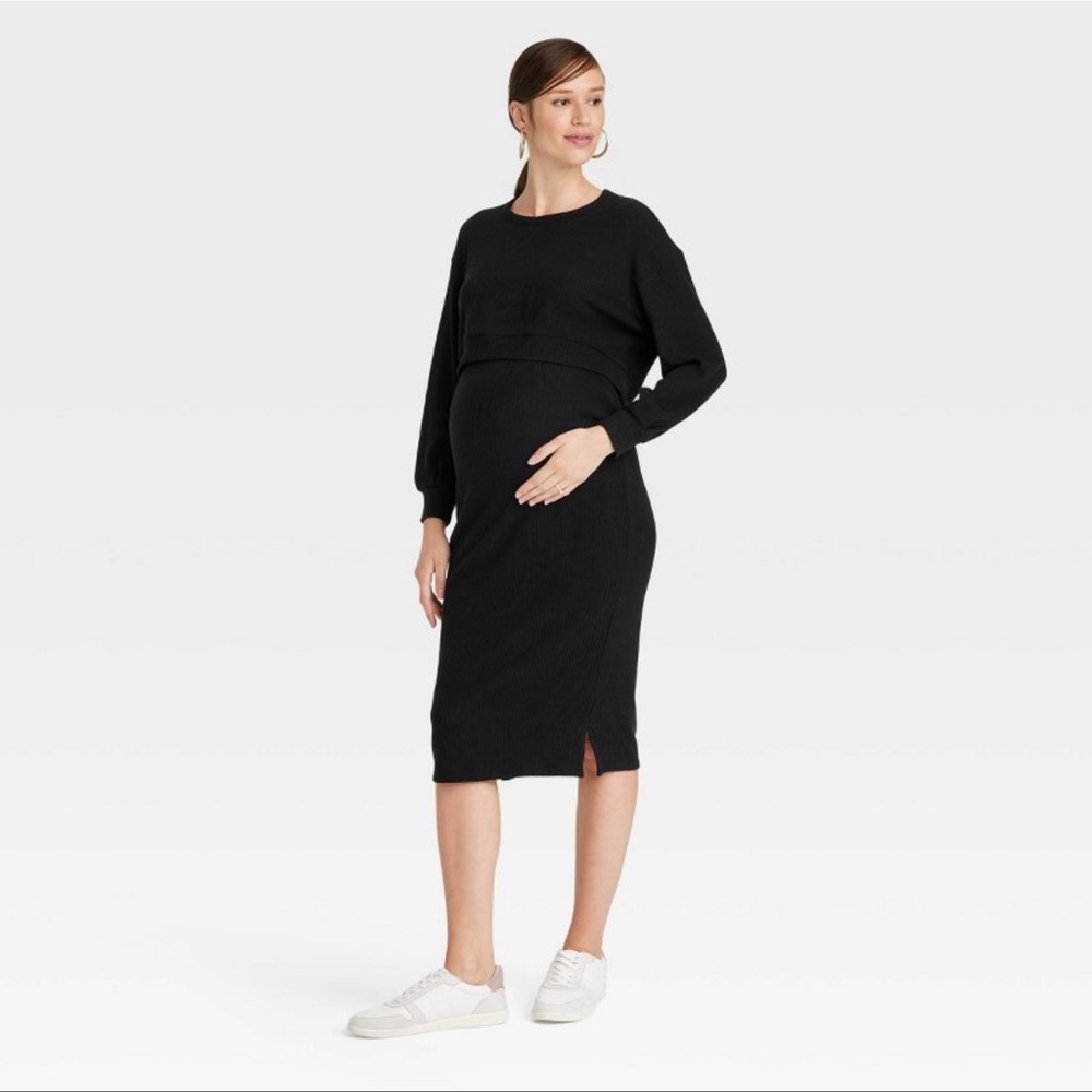 Ribbed Cropped Maternity Top Skirt Set from Ingrid & Isabel (Size L) Black